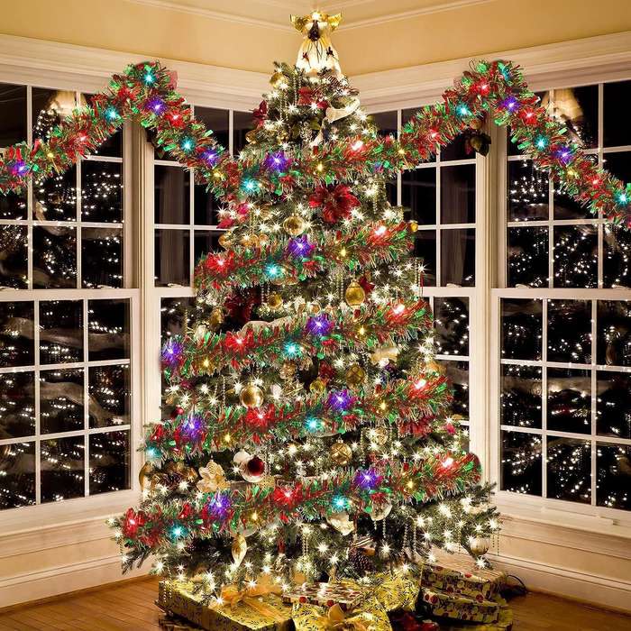 5m - 16.4ft/5m Christmas Decoration Holiday Garland Ruscus Grass Ribbon with Colorful Lights Christm