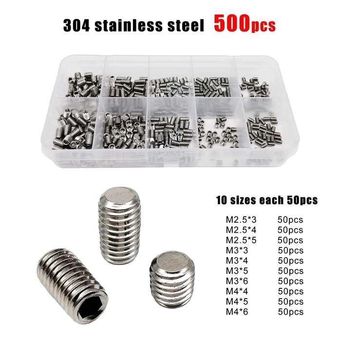 500pcs Stainless Steel - 500pcs DIN913 Hex Hexagon Socket Allen Flat Point Set Screw Grub Bolt M2.5
