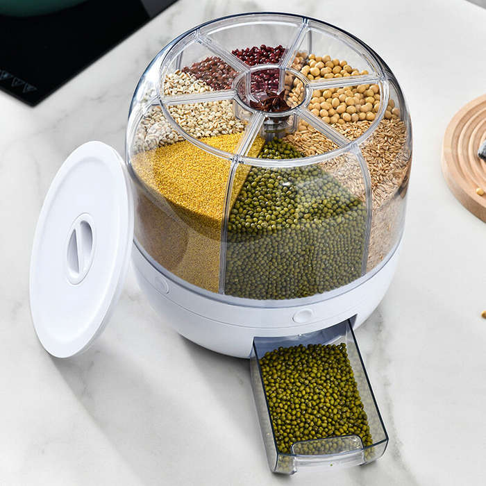 White - AGSIVO Grain Rice Storage Container Dispenser 360 Rotating Rice Dispenser Kitchen Organizer