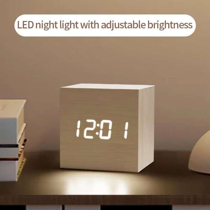 White - Wooden Digital Alarm Clock with Temperature Sound Control Electronic Clocks Desktop LED Beds
