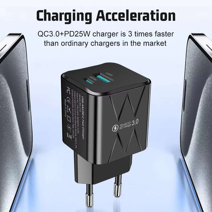 White - BK-315 PD25W 2-Port USB PD Charger USB-A+USB-C PD QC3.0 Fast Charging Wall Charger Adapter E