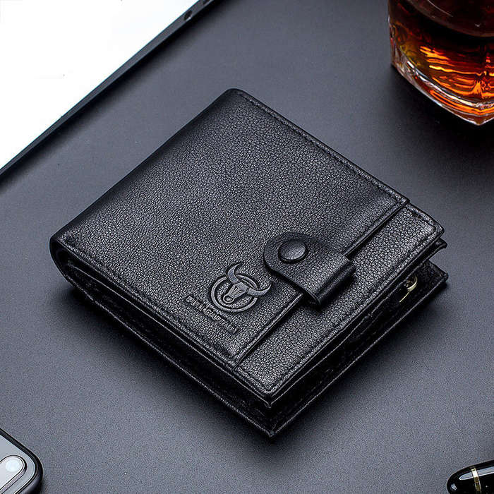 Black - BULLCAPTAIN Genuine Leather Men Short Wallet Casual Business Clutch Male Coin Purse Hasp Zip