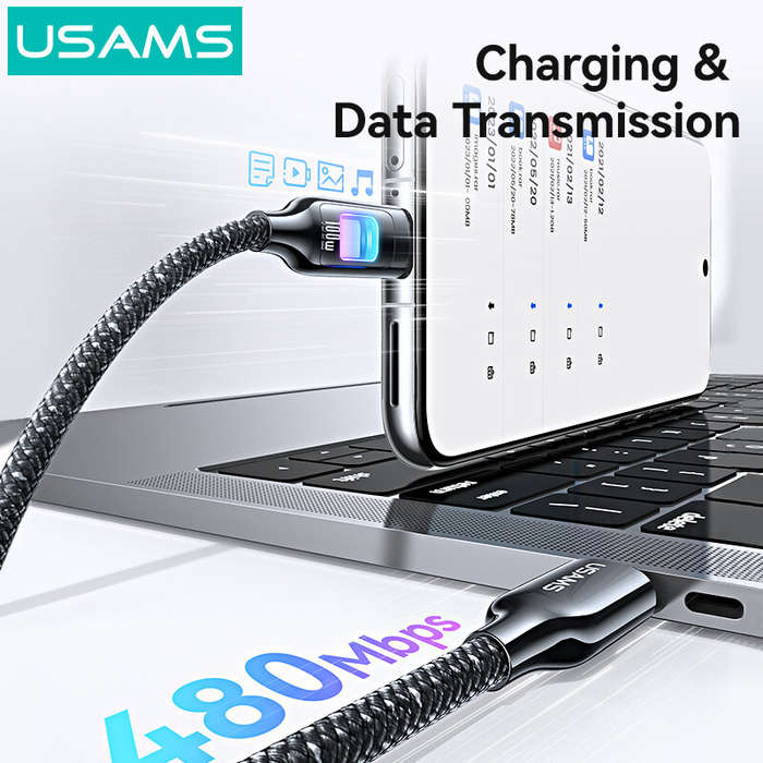 Grey+C-C+100W - USAMS SJ750 100W Type-C to Type-C Cable PD Fast Charging Data Transmission Tinned Co