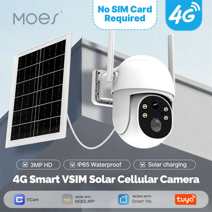 White - MOES Tuya 3MP 4G Solar Security Camera with Solar Panel 3MP HD Dual Night Vision Human Detec