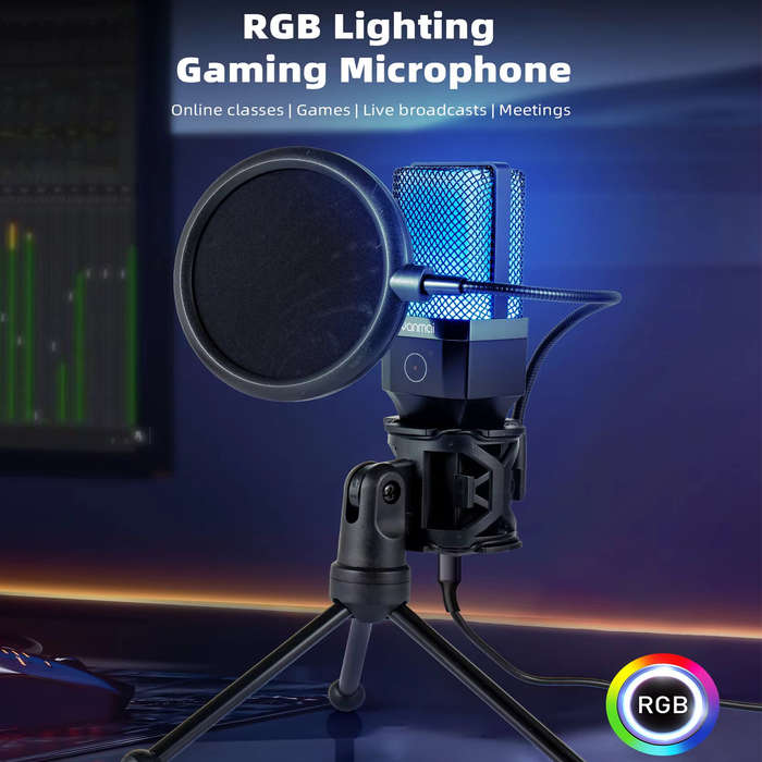 Black - Yanmai X1R USB Wired Microphone RGB Gaming Mic with Tripod Intelligent Noise Cancelling Cent