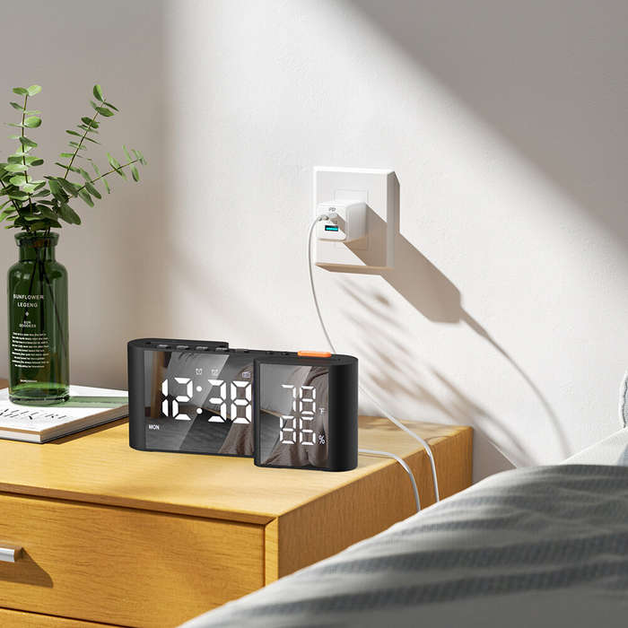 #2 - LCD Digital Desk Wall Alarm Clock with USB Charging Station Dual Screen LED Dimming Temperature