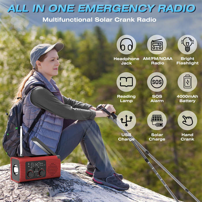 Red - IPRee Hand Crank Emergency Radio Solar Powered Radio with LED Flashlight SOS Alarm Portable Ra