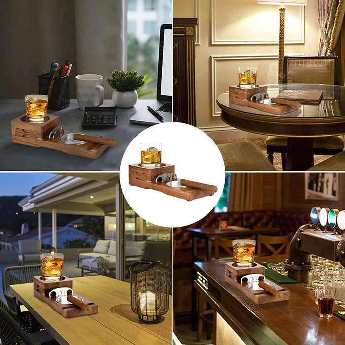 Brown - Wooden Cigar Ashtray Drinks Solid Wood Track Whiskey Tea Tray Cigar Holder Ashtray Cup Holde