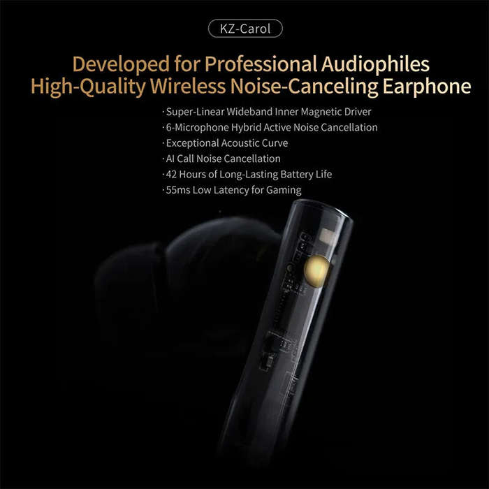 Black - KZ-Carol TWS Bluetooth Headset Wireless ANC Earphone 6-Mic Hybrids Active Noise Cancellation
