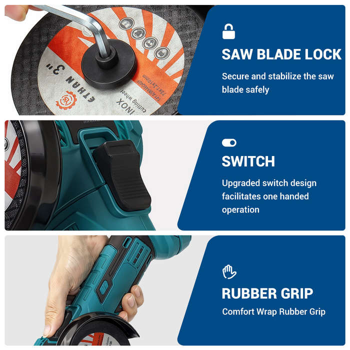 Blue - Brushless Motor Cordless Angle Grinder 20V 945W 0-19000 RPM Variable Speed 75mm Grinding Slic