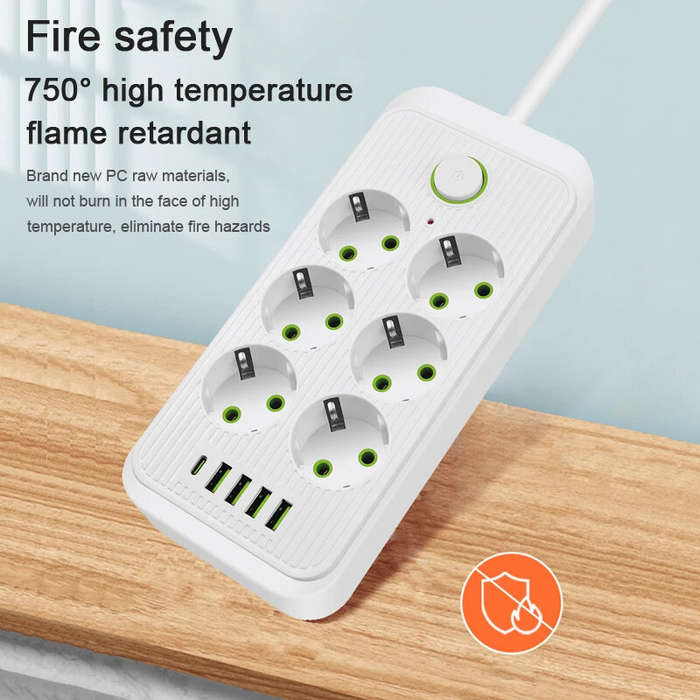 White - F06 2500W EU Plug AC Outlet Power Strip Multitap Extension Cord Electrical Socket with 4 USB