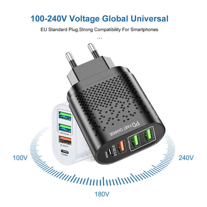 Black - USLION 375-PD PD20W 4-Port USB PD Charger 3USB-A+USB-C PD QC3.0 Support AFC FCP Fast Chargin