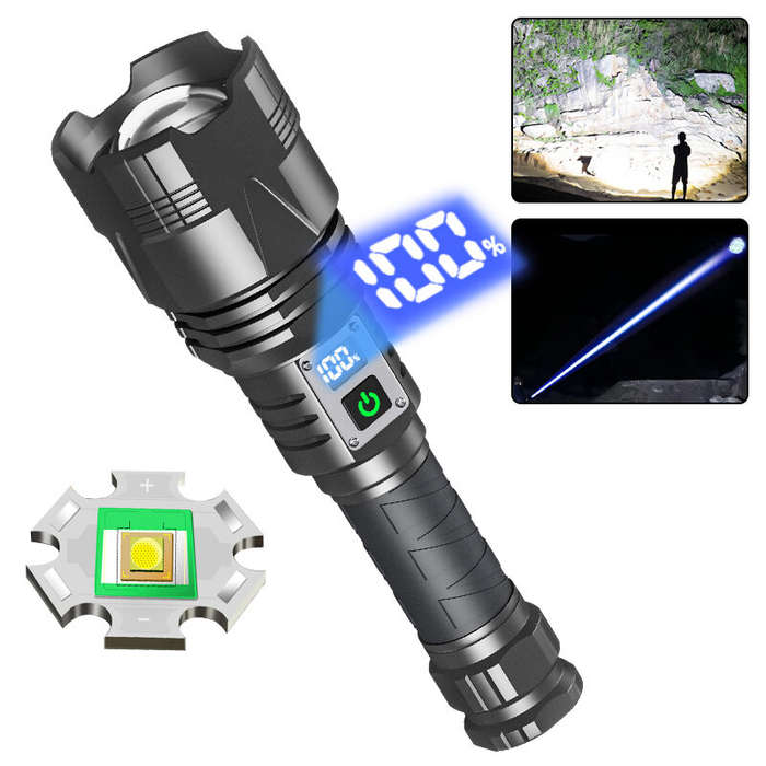 Black - 60W LED Strong Light Flashlight TYPE-C USB Rechargeable Digital Battery Display LED Torch Hi