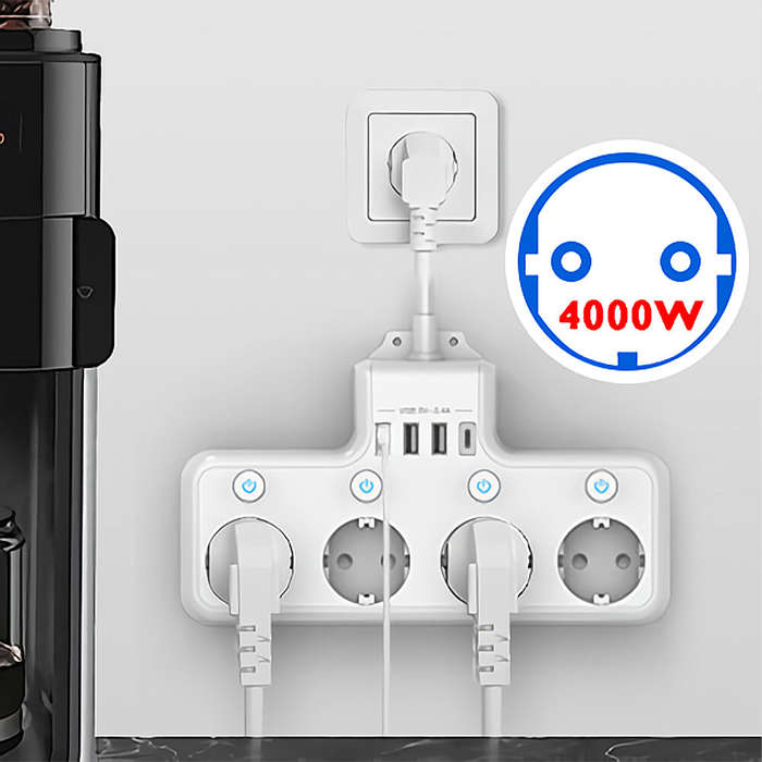 White - 16A 4000W EU Plug Power Strip 4-Way USB Port Electrical Socket Power Strip Individually Swit