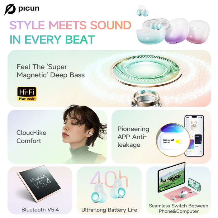 Cyan - PICUN W5 TWS Earclip Earbuds Wireless bluetooth 5.4 Earphone HiFi Audio Deep Bass Dual-Mic AI