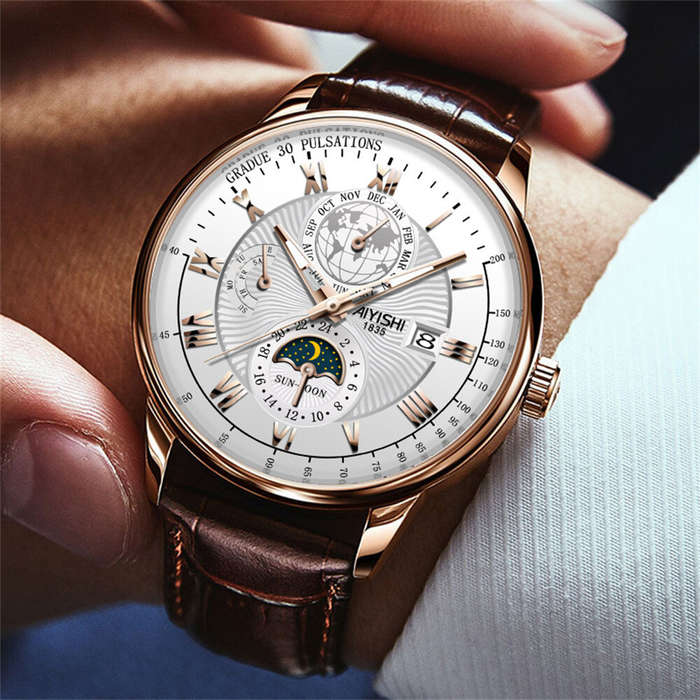 Brown - AIYISHI Men Business Luxury Quartz Watch Luminous Single Date Round Dial PU Leather Strap Wa