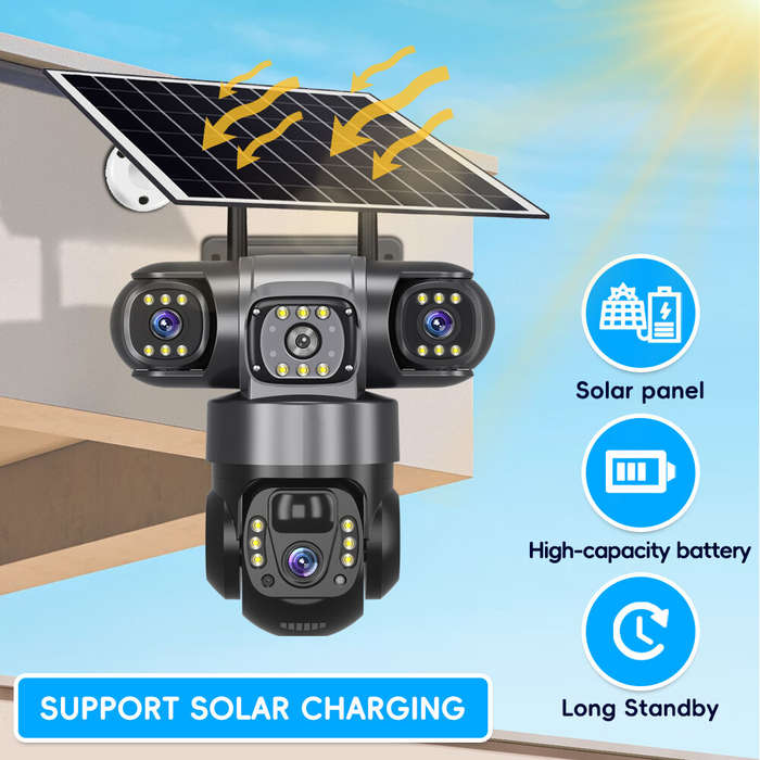 V380 4G 6MP Solar Security Camera 3-Lens System Dual-Charging Night Vision Motion Alerts 4G European