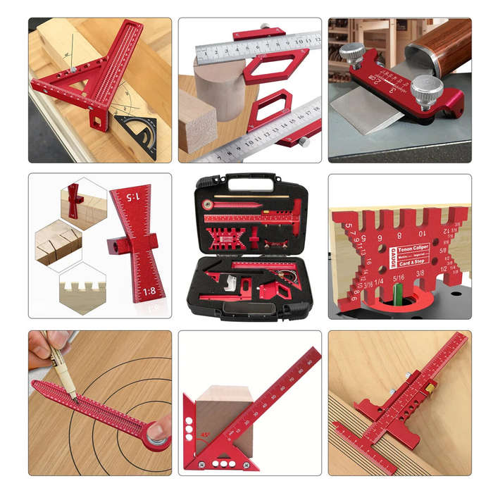 Red - 9Pcs Woodworking Square Kit Aluminum Alloy CNC Tools Multi Functional Ruler Set Center Finder