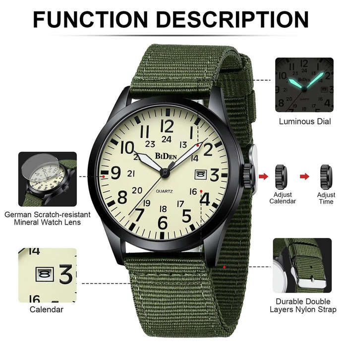 Green/Black - BIDEN Simple Calendar Sports Waterproof Quartz Watch Comfortable Nylon Strap Luminous