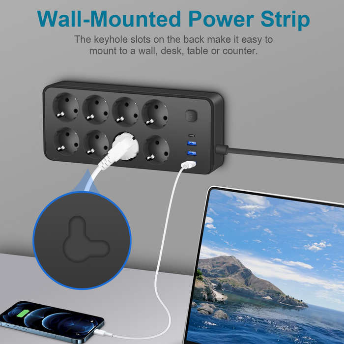 Black - 2200W 12-in-1 Multitap Power Strip Socket with 8 AC EU Outlets+3 USB-A+1 USB-C Output Socket