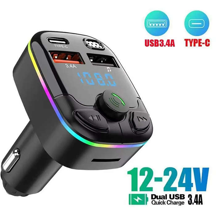Black - Car Charger Bluetooth 5.0 FM Transmitter PD Type-C Dual USB Ambient Player MP3 Charger Type-