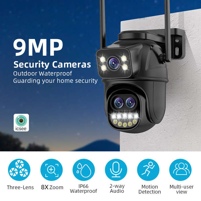 Black/White - Three Lens 9MP HD 8X Zoom Security Camera WiFi Outdoor IP66 Waterproof Human Detection