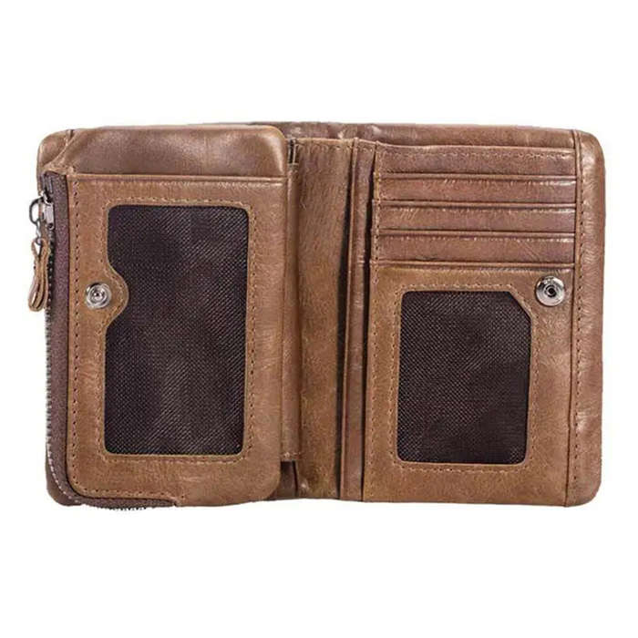 Black - BULLCAPTAIN Men's Genuine Leather RFID Wallet Short Trifold Design Hasp Zipper Closure Card
