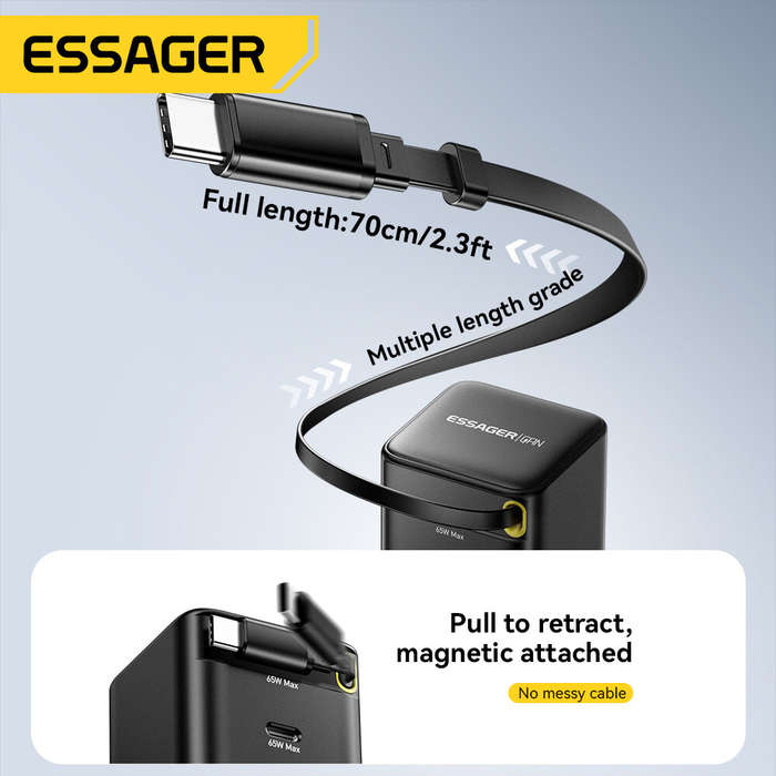 US Plug - [GaN Tech] ESSAGER G652CE 65W 2-Port USB PD Charger Type-C+Type-C Retractable Cable Suppor