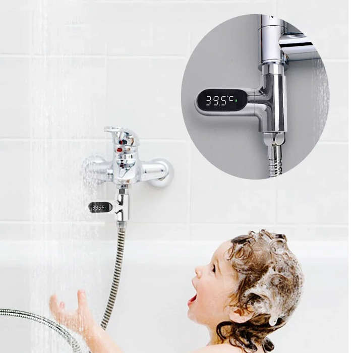 Silver - LED Display Household Water Shower Thermometer 5-85 Flow Self-Powered Water Thermometer Mon