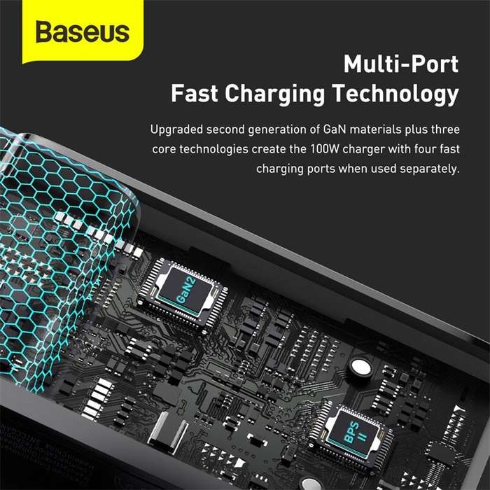 Black - [GaN Tech] Baseus GaN2 Pro 100W 4-Port USB PD Charger 2USB-A+2USB-C PD3.0 2.0 QC3.0 2.0 SCP
