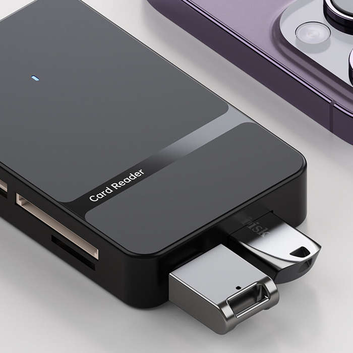 Black - 8-in-1 USB3.0 Card Reader with Type-C/Lightnig Interface Micro SD TF CF MS Memory Card Adapt