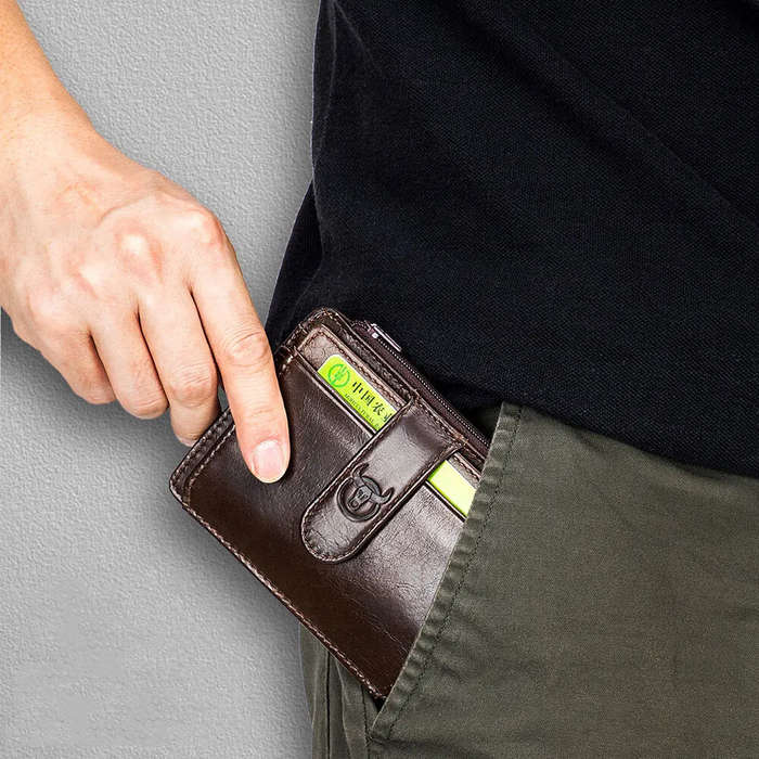 Yellow - BULLCAPTAIN Men's Genuine Leather RFID Blocking Wallets, Thin Zipper Short Wallet Multiple