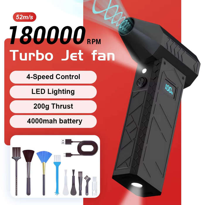 Black + Orange - Turbo Fan 180000RPM Peak Powerful Air Blower 52m/s Speed Dual 4000mAh Batteries LED
