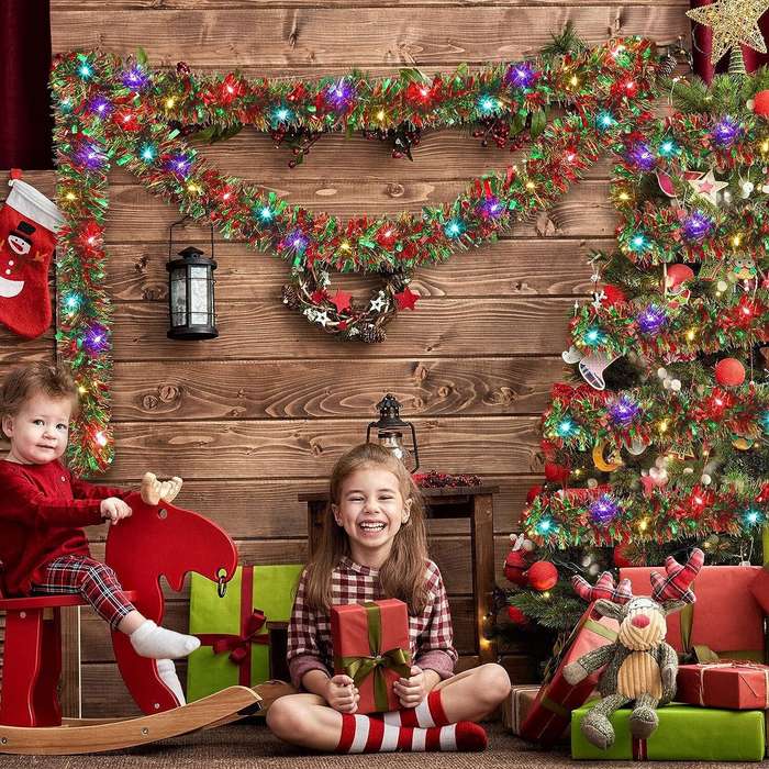 5m - 16.4ft/5m Christmas Decoration Holiday Garland Ruscus Grass Ribbon with Colorful Lights Christm
