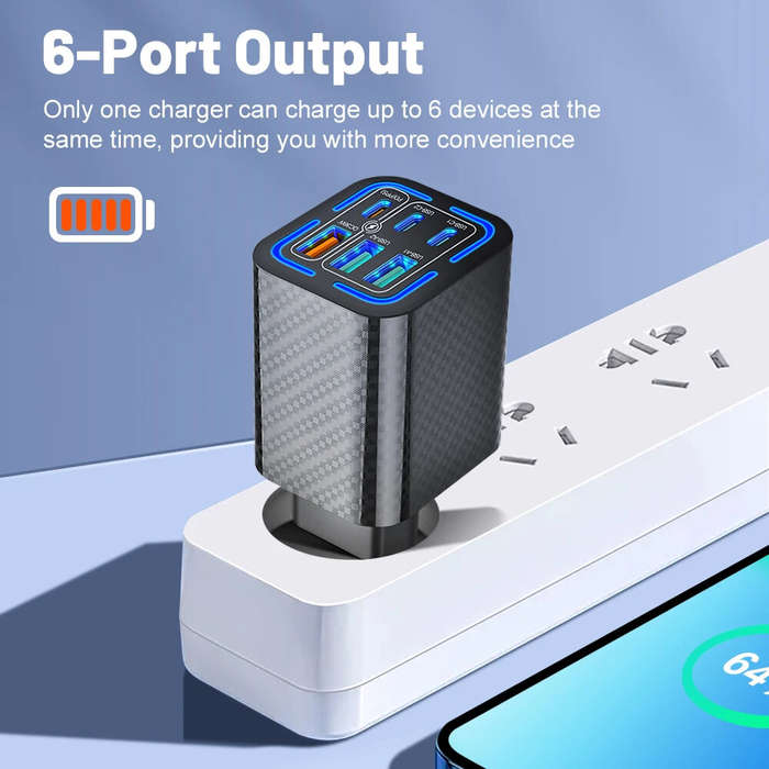 Black & US Plug - BK320-3A3C PD50W 6-Port USB PD Charger 3USB-A+3USB-C PD3.0 QC4.0/3.0/2.0 FCP Fast