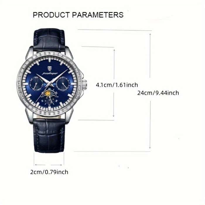 Blue - POEDAGAR Business Men Watch Luxury Rhinestone Leather Wristwatch Luminous Waterproof Calendar