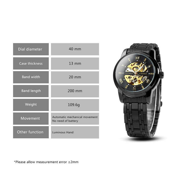 Gold - Classic Mechanical Watches Luxury Diamond Dial Black Gold Skeleton Automatic Mens Watch Stain