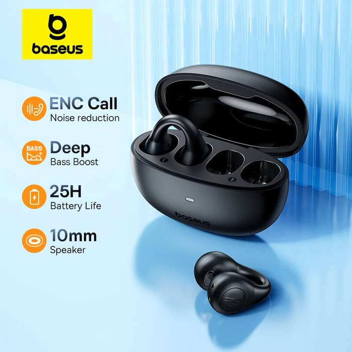White - Baseus AirGo AS01 TWS Earclips Headset Wireless bluetooth 5.3 Earphone 10mm Drivers Bass Enh