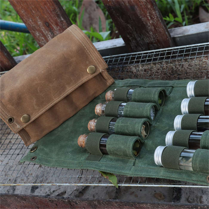 Khaki - IPRee Reliable Outdoor Camping Spice Bottle Storage Bag Free with 9pcs Glass Spice Bottle St