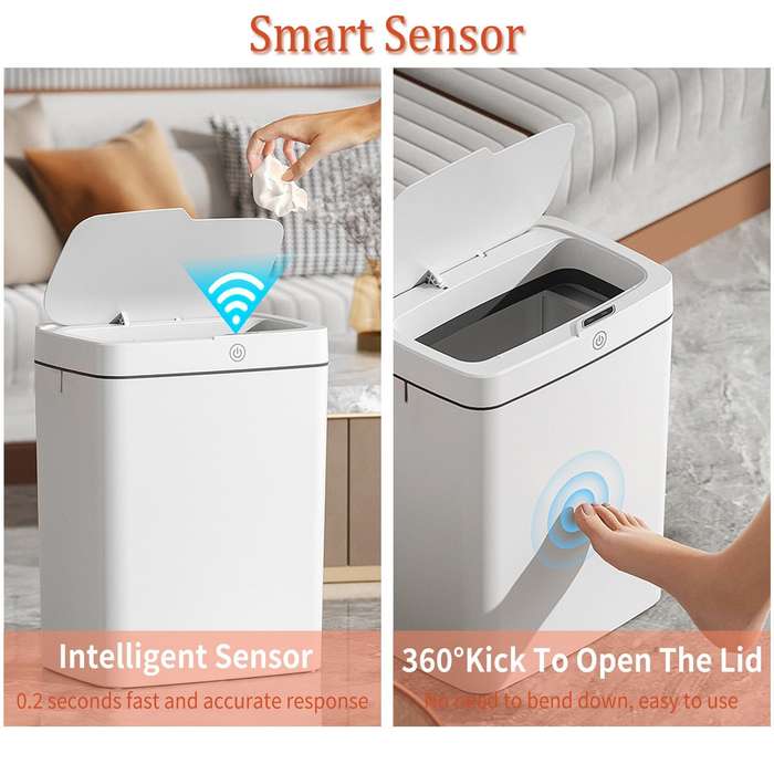 White - 15L Automatic Trash Can with Smart Sensor Easy Fast Packing Non-contact Trash Can with Lid W
