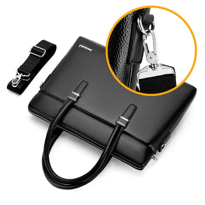Black - Men's Business Leather Briefcase Solid Simple Fashion 14'' Laptop Handbag Waterproof Large C
