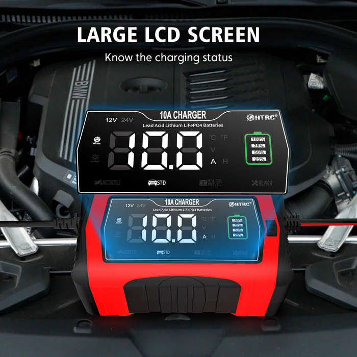 EU Plug - HTRC 10A Car Motorcycle Battery Charger 12V 24V Lead-Acid Lithium Battery Agm Smart Repair