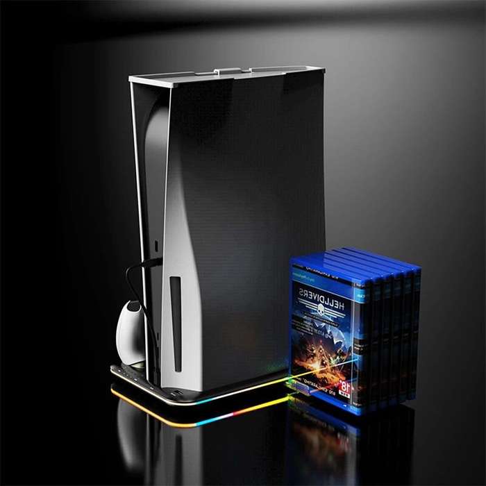 White - PS5 Gaming Console Cooling Stand Dual Charging Dock With RGB Lights Disk Slot And Controller