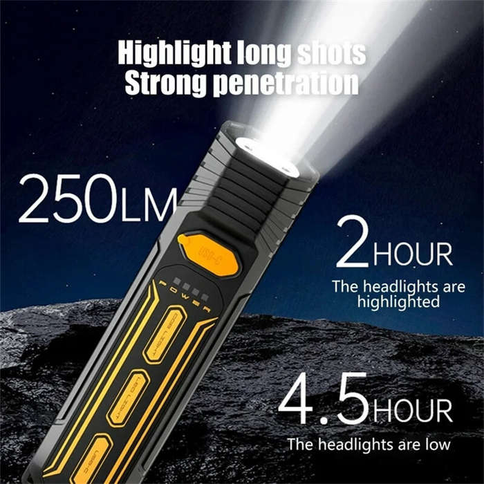 Black - Multi Light Source 250LM Portable LED Flashlight with Side Light USB Rechargeable Strong Lig