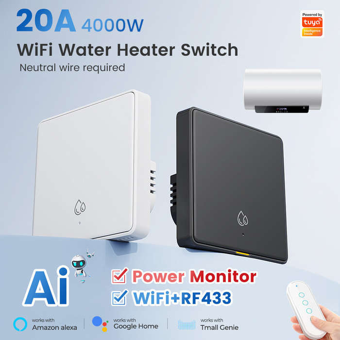 White - SMATRUL 20A 4000W WiFi RF433 Smart Switch For Hot Water Heater AI Assistant Tuya Wall Switch