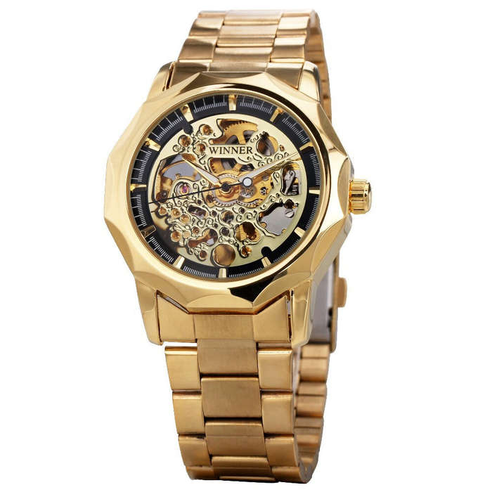Gold - Fashion Fully Auto Mechanical Skeleton Men Watch Retro Exquisite Dial Gold Steel Band Wristwa