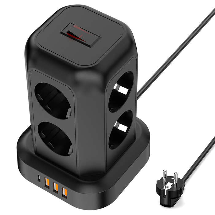 Black - T13 10A 2200W 12-in-1 Vertical Tower Power Strip with 8 AC Outlets+3USB-A+1USB-C and 1.8M Ex