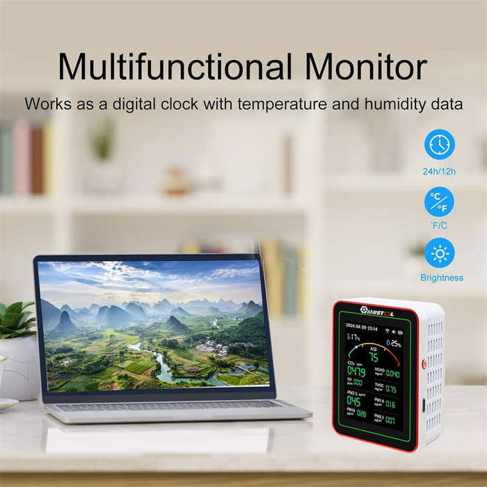Black - MUSTOOL 15-in-1 Air Quality Monitor Wifi Tuya App 15-in-1 Smart Tester With stand CO2 CO TVO