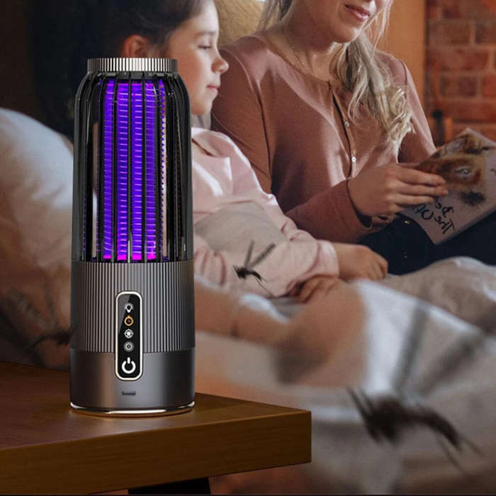 Grey - Solar Powered & USB Rechargeable Mosquito Lamp With Adjustable 2/4/6H Timer Folding Hanging R