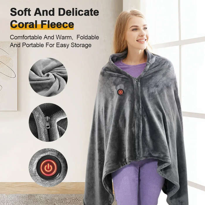 Grey - 150x80cm USB Electric Blanket Warm Cape Coral Fleece Plush 3 Speed Winter Heater Warming Pad